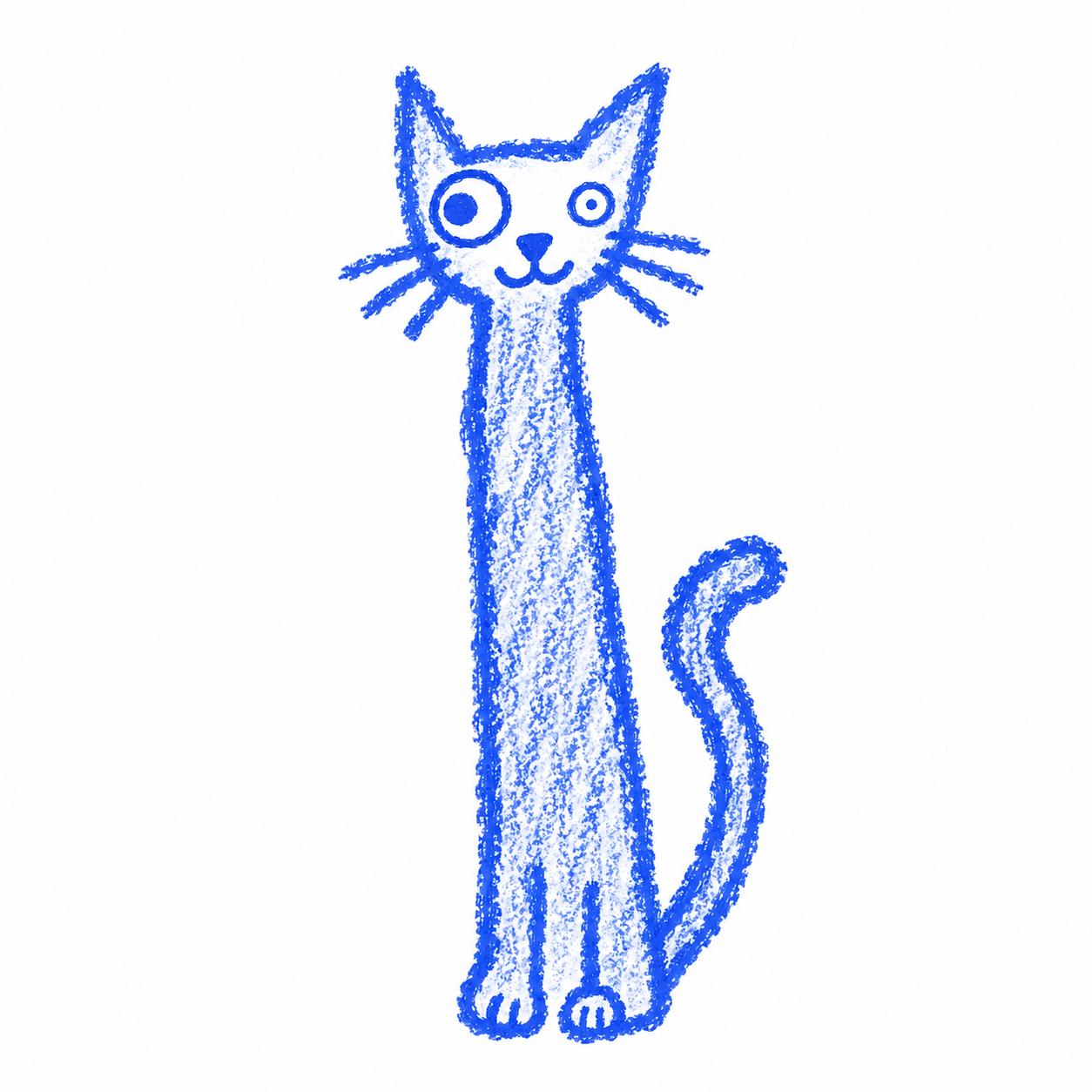 A very tall, skinny blue crayon cat with mismatched eyes and a curled tail
