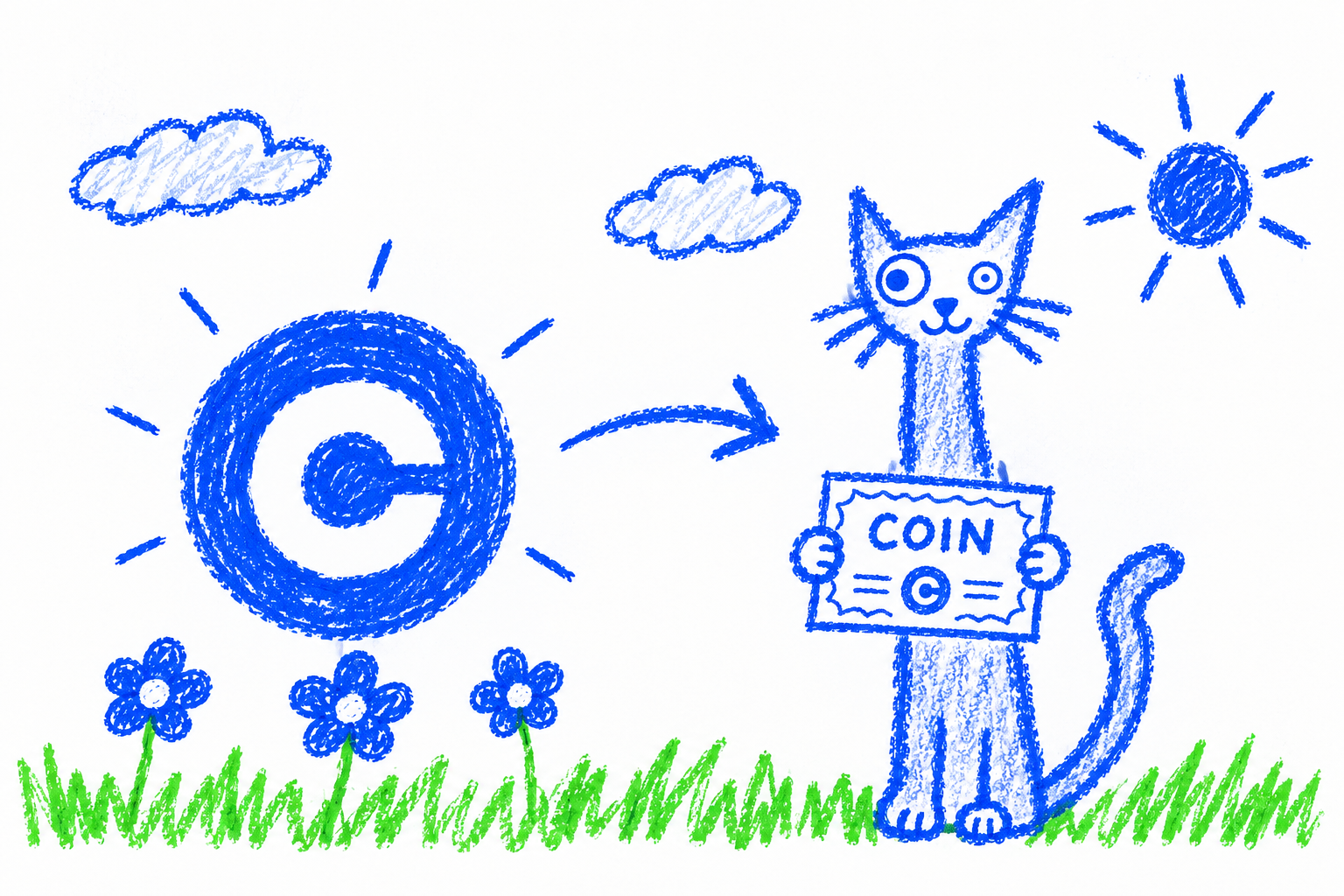 Blue crayon cat holding a COIN certificate in a garden, beside a Coinbase-inspired coin